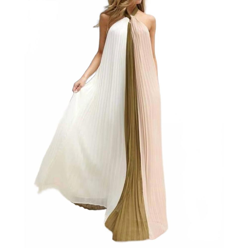 Maxi Halter Pleated Colorblock Dress in White, Blush & Olive